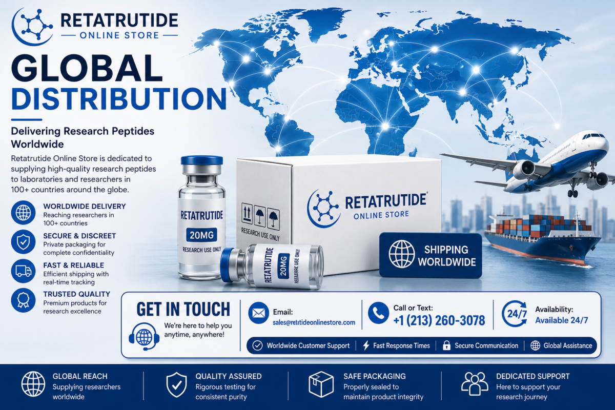 Global distribution of Retatrutide research peptides with worldwide shipping, secure packaging, and international delivery network