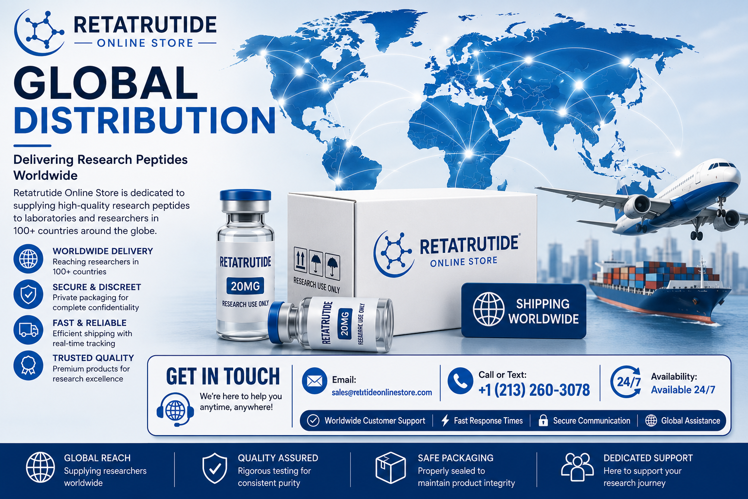 Global distribution of Retatrutide research peptides with worldwide shipping, secure packaging, and international delivery network
