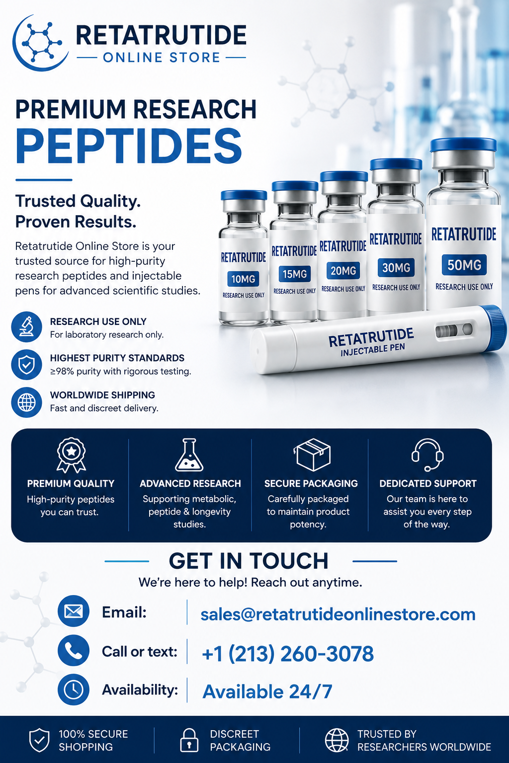 Premium Retatrutide research products in laboratory setting - Contact: sales@retatrutideonlinestore.com | +1 (213) 260-3078 (24/7)
