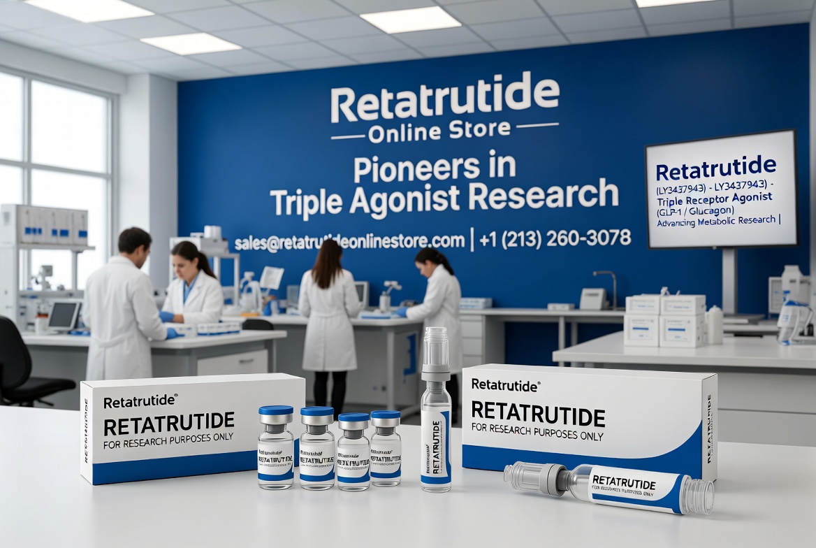 Realistic laboratory research setup with Retatrutide vials and pens - Retatrutide Online Store | sales@retatrutideonlinestore.com | +1 (213) 260-3078"